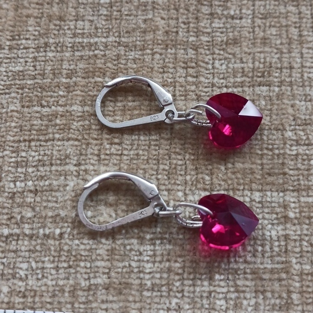 Leverback Silver Red Heart Crystal Earrings